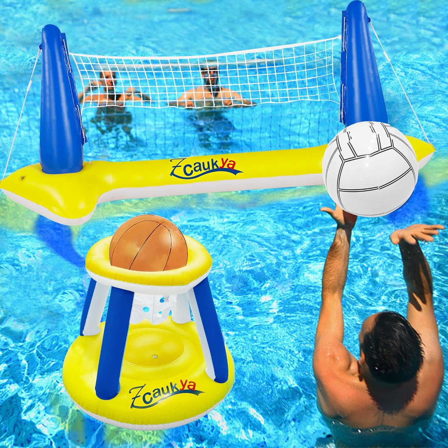 Zcaukya Inflatable Pool Float Set, Inflatable Volleyball Net & Basketball Hoop with Balls, Inflatable Pool Floating Volleyball Basketball Set Swimming Pool Games for Kids Adults: Toys & Games