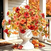Ouddy Decor Artificial Fall Flowers for Outdoors Decorations, Orange, 2 Pcs | Faux silk petunia flowers, realistic fake plants, UV Resistant, no fade, for autumn garden porch balcony indoor outside decor