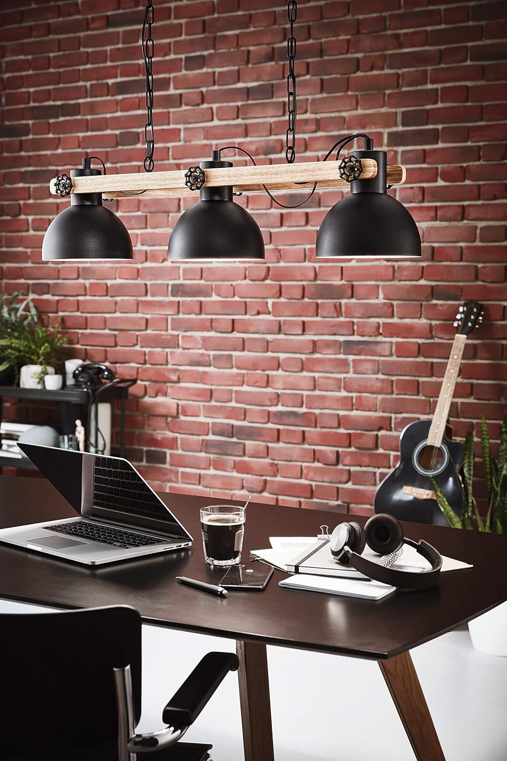 Eglo Lubenham 3-Flame Vintage Pendant Lamp, Industrial Design Hanging Light, Black Steel and Brown Wood Ceiling Lighting, E27 Socket - Image 4