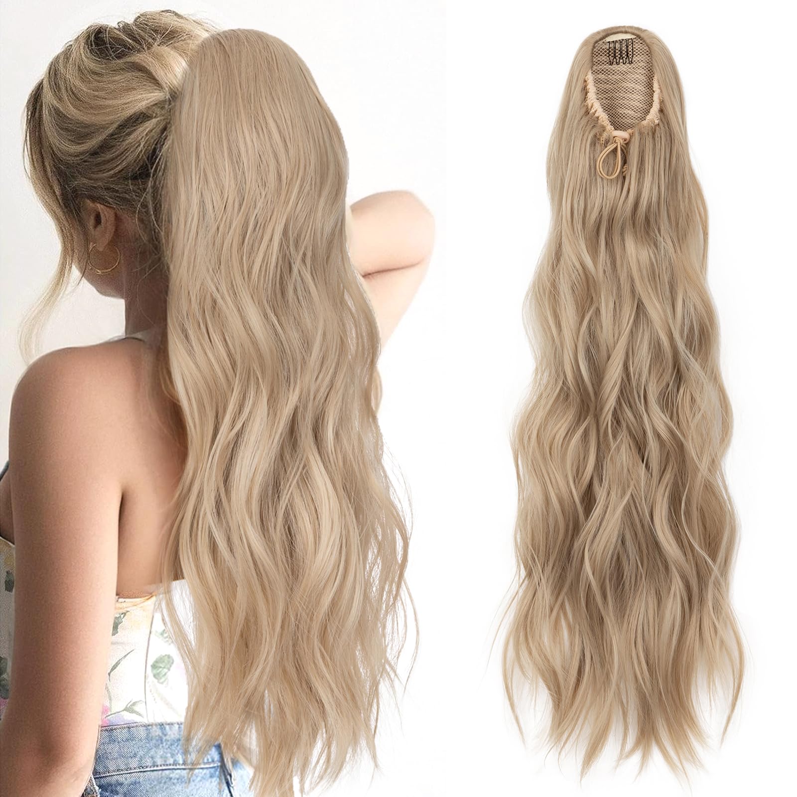 TESS Wavy Ponytail Extension, Drawstring Clip in Ponytail Hair Extensions, Long Hair Extensions Ponytail, 26 Inches 120g, Ash Blonde — image 1