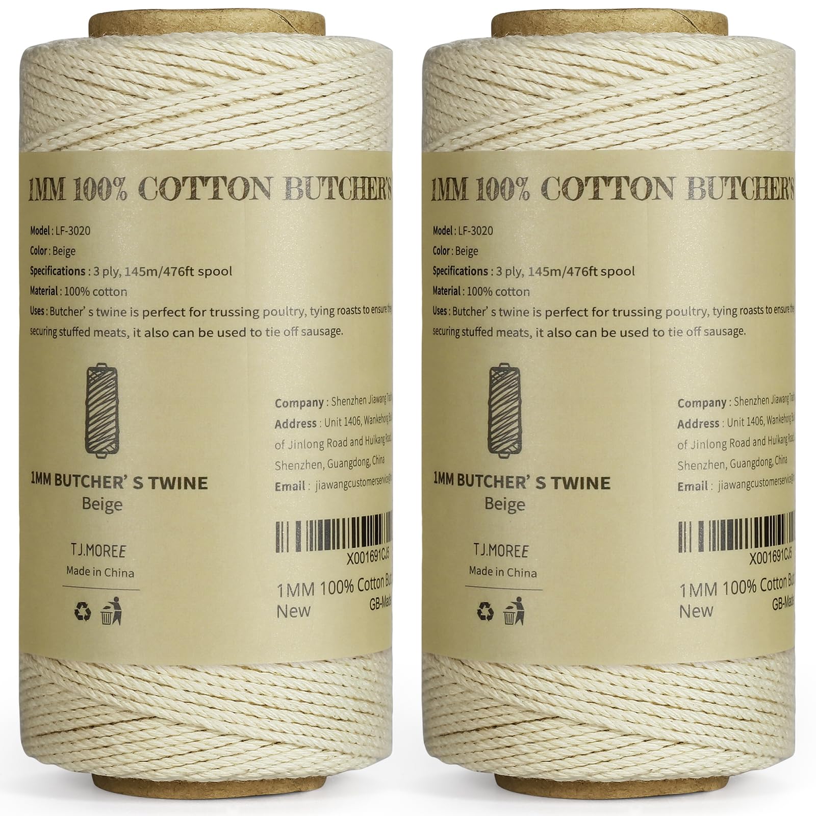 TJ.MOREE Butchers Twine, 1 MM 3Ply 100M/328FT Beige String, Food Safe Cotton Meat Rope String for Cooking, DIY Gifts, Parceling, Sausage Making, Crafts and Garden Decor (2 Pack)