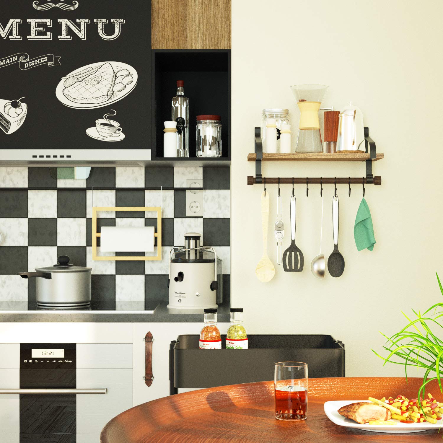 Rustic Kitchen Organiser with Wooden Board and 8 Removable Hooks for