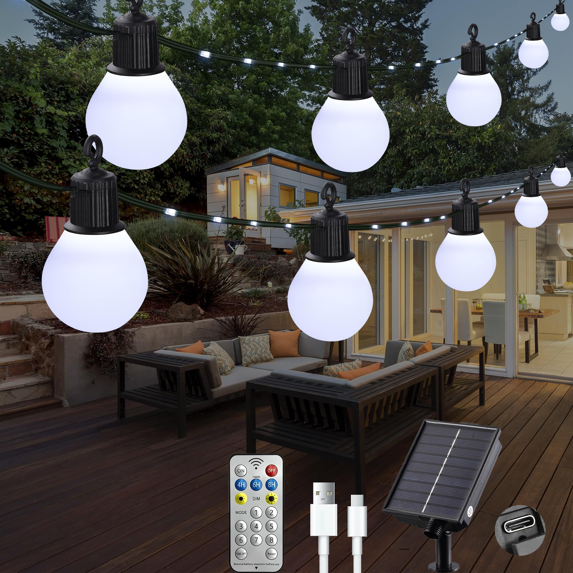 Litark Solar String Lights Outdoor with 20 Shatterproof G40 Bulbs - 32.8Ft/10m 100 LED Soalr Fairy Lights with Remote, USB Port, 8 Modes Waterproof, Garden Yard Camping Decor - Cool White