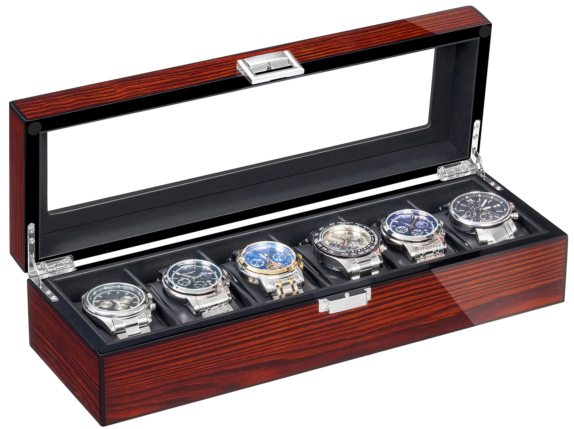 BEWISHOME High-End Watch Box, 6 Slot Wooden Watch Case with Large Glass Lid, Luxury Watch Storage, Watch Organizer for Men, Watch Display Case, Brown ESSH06Y