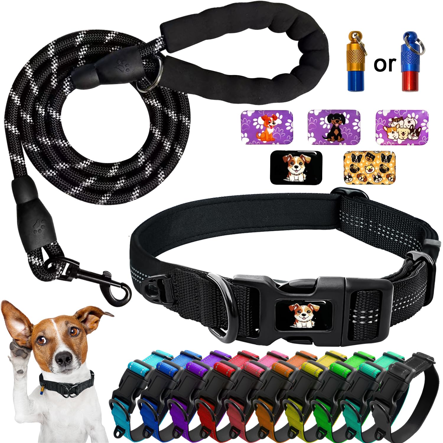 Mauts Pet Dog Collars and Lead Set for Large Medium Small Dogs. (3 Pcs) (Black, Large)