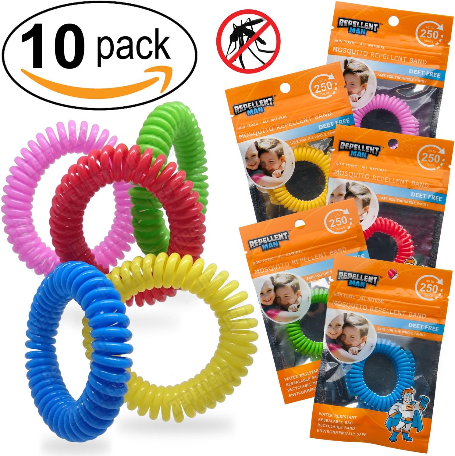 Repellent Man - Mosquito Repellent Bracelet Wristbands - 10 individual Pack for Adults and Kids – Enhanced with Deep Absorb Technology for Long Lasting Insect Repellent – 100% Natural