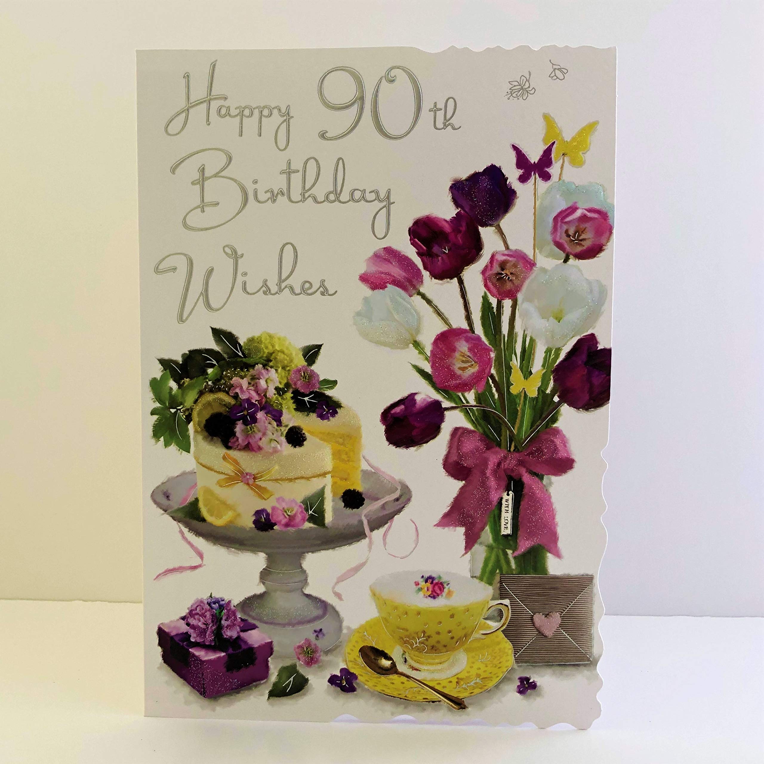 Jonny Javelin Female Age 90 90th Birthday Wishes to You Card - Cake Flowers Tea Cup