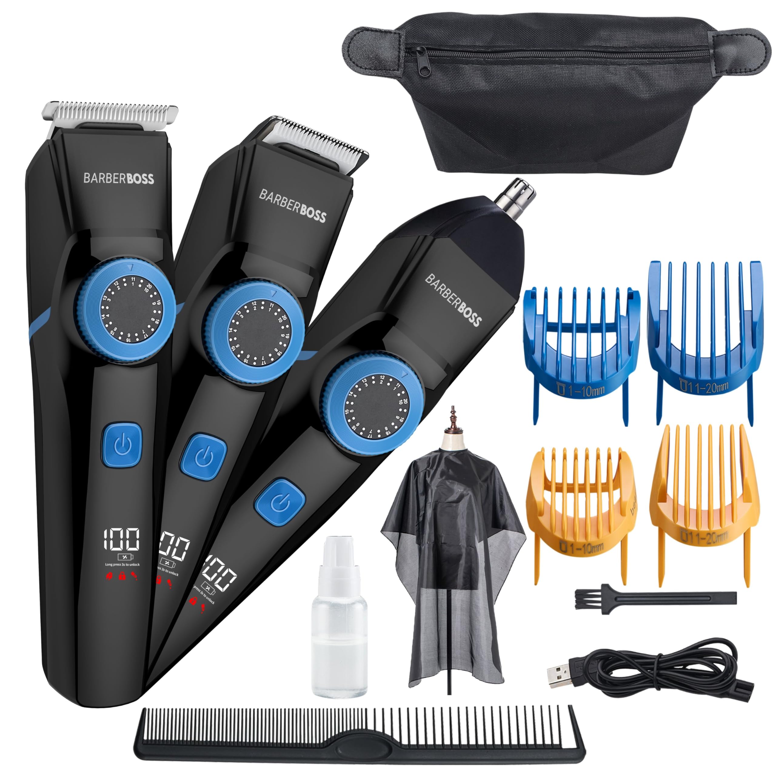 BARBERBOSS Men's Grooming Kit, Waterproof & Cordless Hair Clippers, Beard Trimmer, Nose Trimmer, 3-in-1 Grooming Set with Titanium & Ceramic Blades, 1 Count
