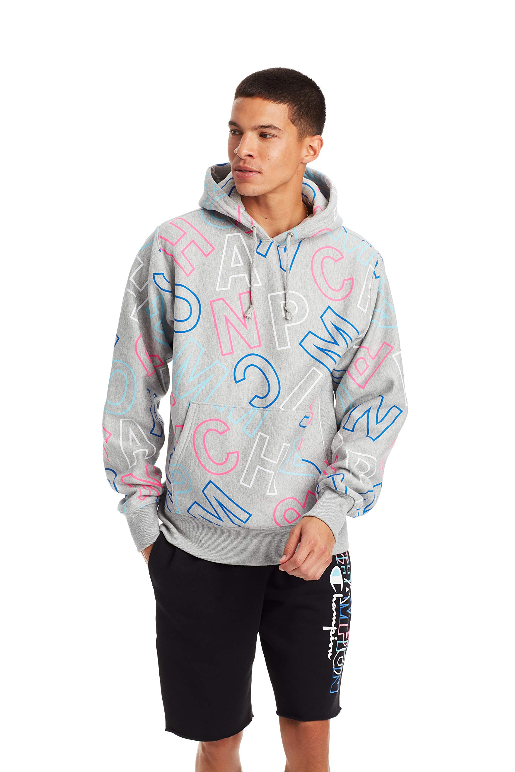 Champion Men's Reverse Weave Pull Over Hood-Print, Oxford Gray Heather, Small Image