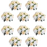 QUTUNI 10Pcs Artificial Flower Ball Arrangement, 15 Flower Heads Wedding Roses Bouquet with Base Suitable for Parties Valentine's Day Wedding Centerpieces and Home Decor (Champagne & White)