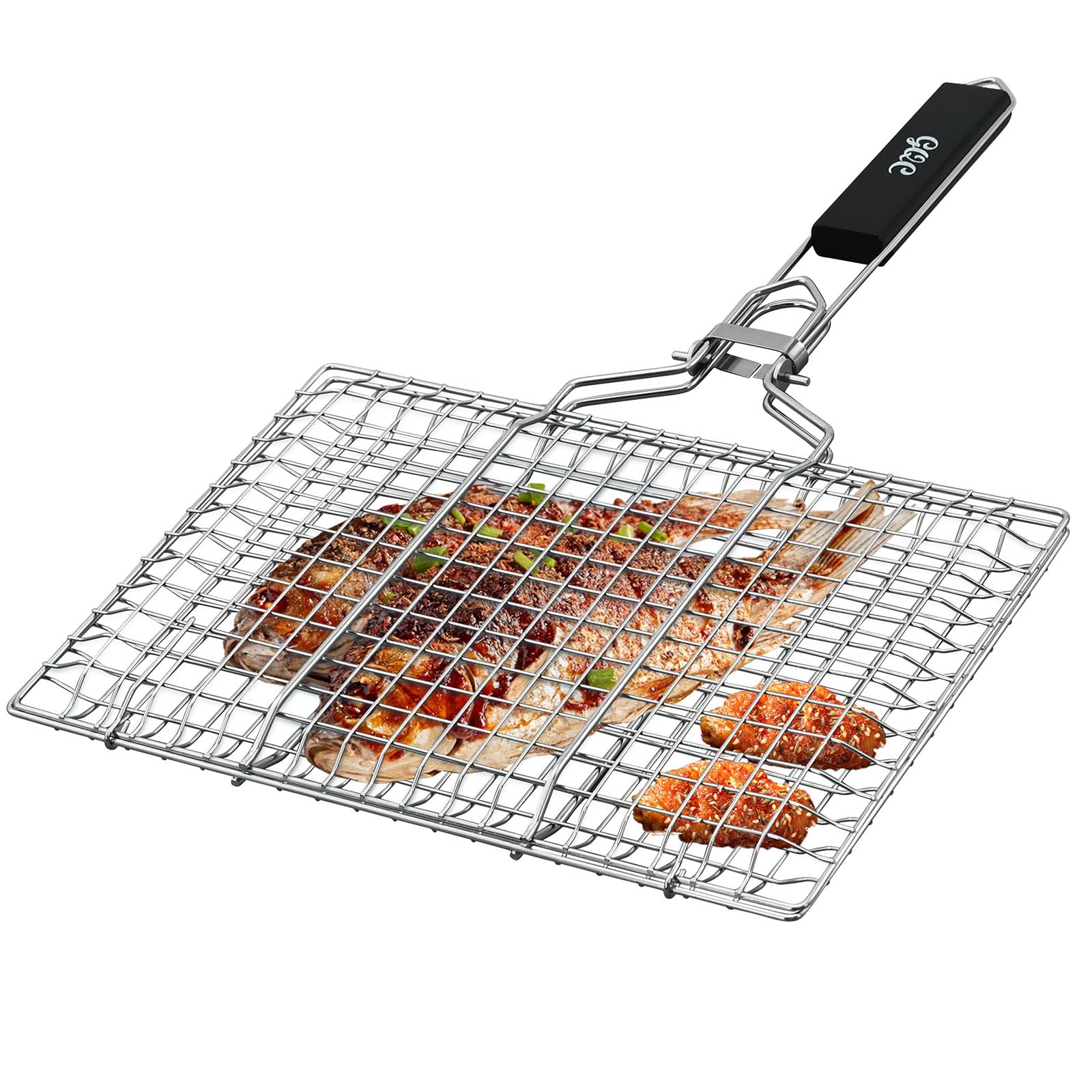GQC Stainless Steel Barbecue Grill Basket, Grilling Rack, Portable Grilling Basket, Stainless Steel Foldable BBQ Grill Mesh Clamp with Removable Handle for Fish, Steak, Shrimp