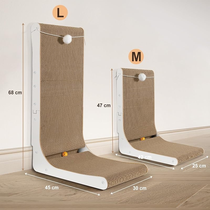 Griffoir Chat Carton en Forme de L 68cm, Épais avec Boules en Peluche et à Grelot, Grande Taille à Fixer au Mur, Jouet pour Protéger Meubles