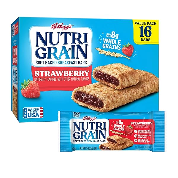 NUTRI-GRAIN BREAKFAST BARS, MADE WITH 10G WHOLE GRAINS, SNACK BARS, STRAWBERRY, 20.8OZ BOX (16 BARS)