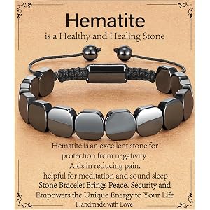 Saroly Hematite Bracelet for Men, Natural Hematite Stone Handmade Braided Rope Bracelets Healing Grounding Balance Inspiratio