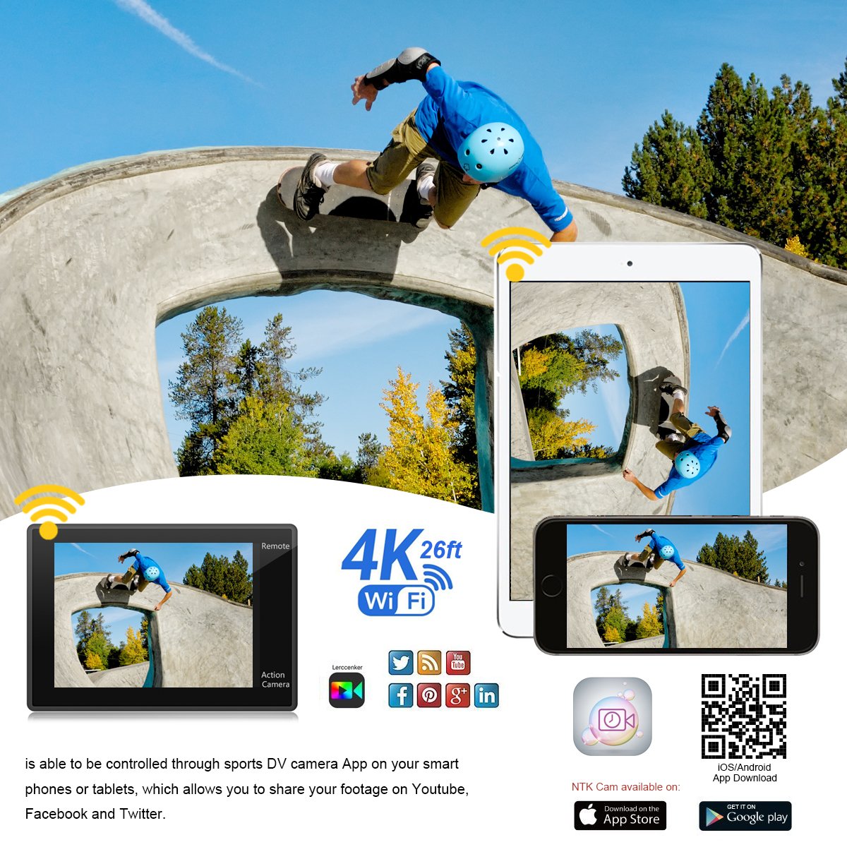 Action Camera 4K Sports Camera 12MP Ultra HD Wifi Waterproof Underwater Video Camera Helmet Cameras Camcorder 170° Wide View Angle 2 Inch LCD Screen Remote Control and Free Accessories [DROGRACE]