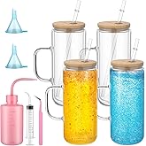 Skylety 9 Pcs Snow Globe Glass Tumbler Supplies with Handle 16oz Cups Pre Drilled Double Wall Clear Cups Kit with Lid and Straw Squeeze Bottle Funnel Tweezer Bent Syringe for DIY Glitter Craft Gift