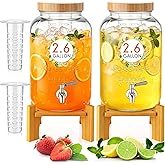 Honeydak 2 Pack 2.6 Gallon Glass Drink Dispenser for Parties, Large Beverage Dispensers with Wooden Stand, Lid, Stainless Steel Spigot and Fruit Infuser for Juice, Water, Lemonade, Cocktails, Fridge