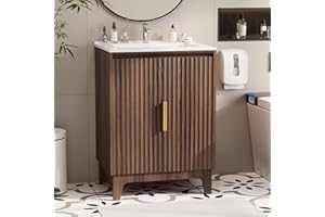 VINGLI 24 Inch Bathroom Vanity with Sink, Mid-Century Modern Vanity with Ceramic Basin and Fluted Soft-Close Doors, U-Shape Storage Shelf,Free Standing Small Bathroom Sink Cabinet Combo Set,Walnut