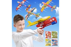 Protado Airplane Launcher Toy, 1 Airplane Launcher with 3 Pack Led Light Foam Glider Planes and 4 DIY Stickers (Red)