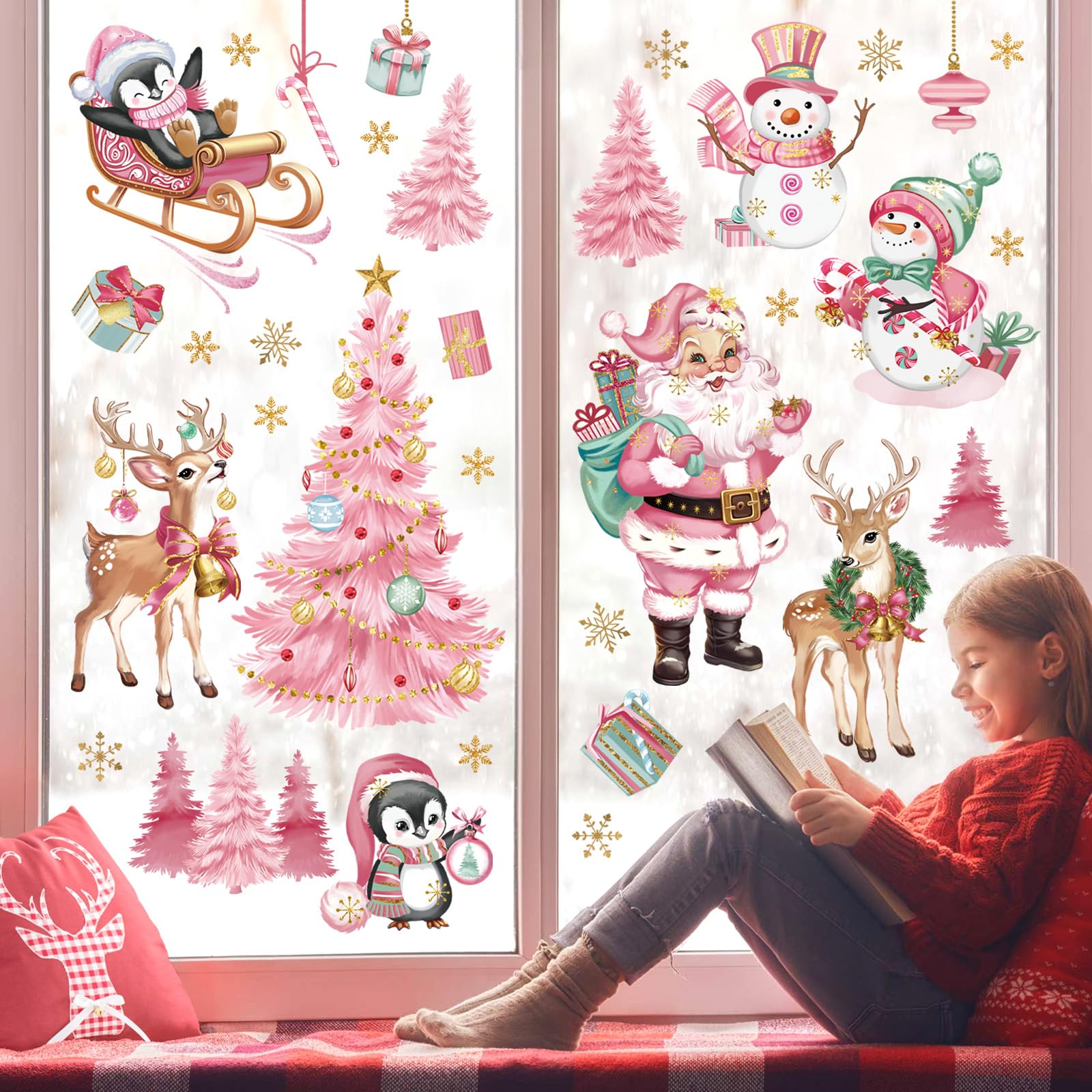 wondever Pink Christmas Santa Claus Reindeer Window Clings Christmas Tree Snowman Penguin Glass Sticker Decal Anti Collision Double-Side Static Window Decals for Glass Window Christmas Party