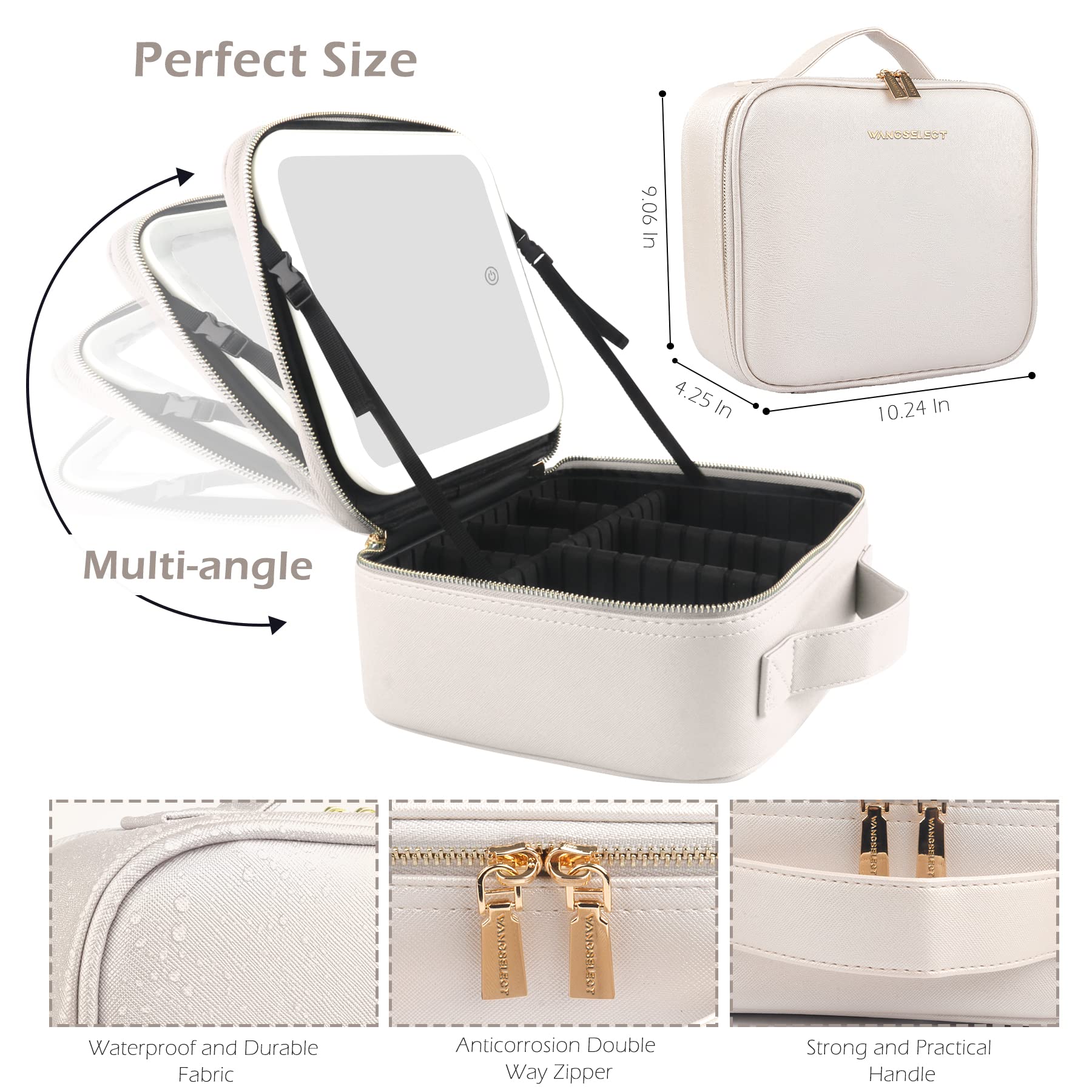 Wangselect Travel Vanity Bag with Light and Mirror Travel Makeup Train Case Cosmetic Bag Organizer with Adjustable Dividers Portable Storage Adjustable Partition Traveling Makeup Box Khaki