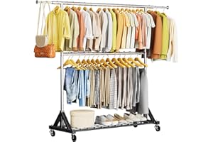 Heavy Duty Clothes Rack Load 600 LBS, Double Rod Clothing Rack, Rolling Garment Rack with Lockable Wheels, Shelves, Adjustabl