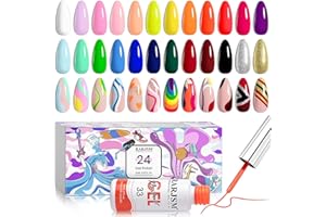 RARJSM Nail Art Gel Liner 24 Color Line Art Painted Gel Nail Polish Set Pink Blue Green Silver Gold Glitter for Nails Painting Drawing Soak Off UV LED Curing Requires Bulid in Thin Nail Art Brush