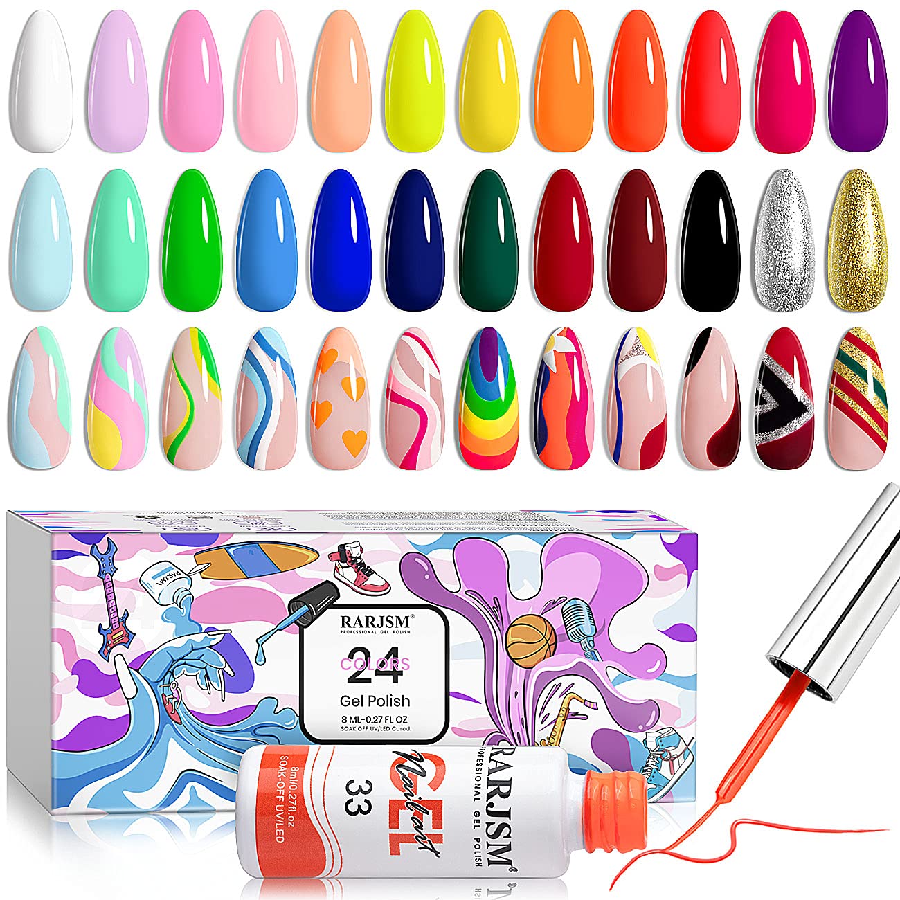 RARJSM Nails Art Gel Liner 24 Color Gel,Line Art Painted Gelpolish Polish Set for Nails Black White Pink Purple Green Blue Painting Drawing UV LED Curing Requires Soak Off DIY Salon Design