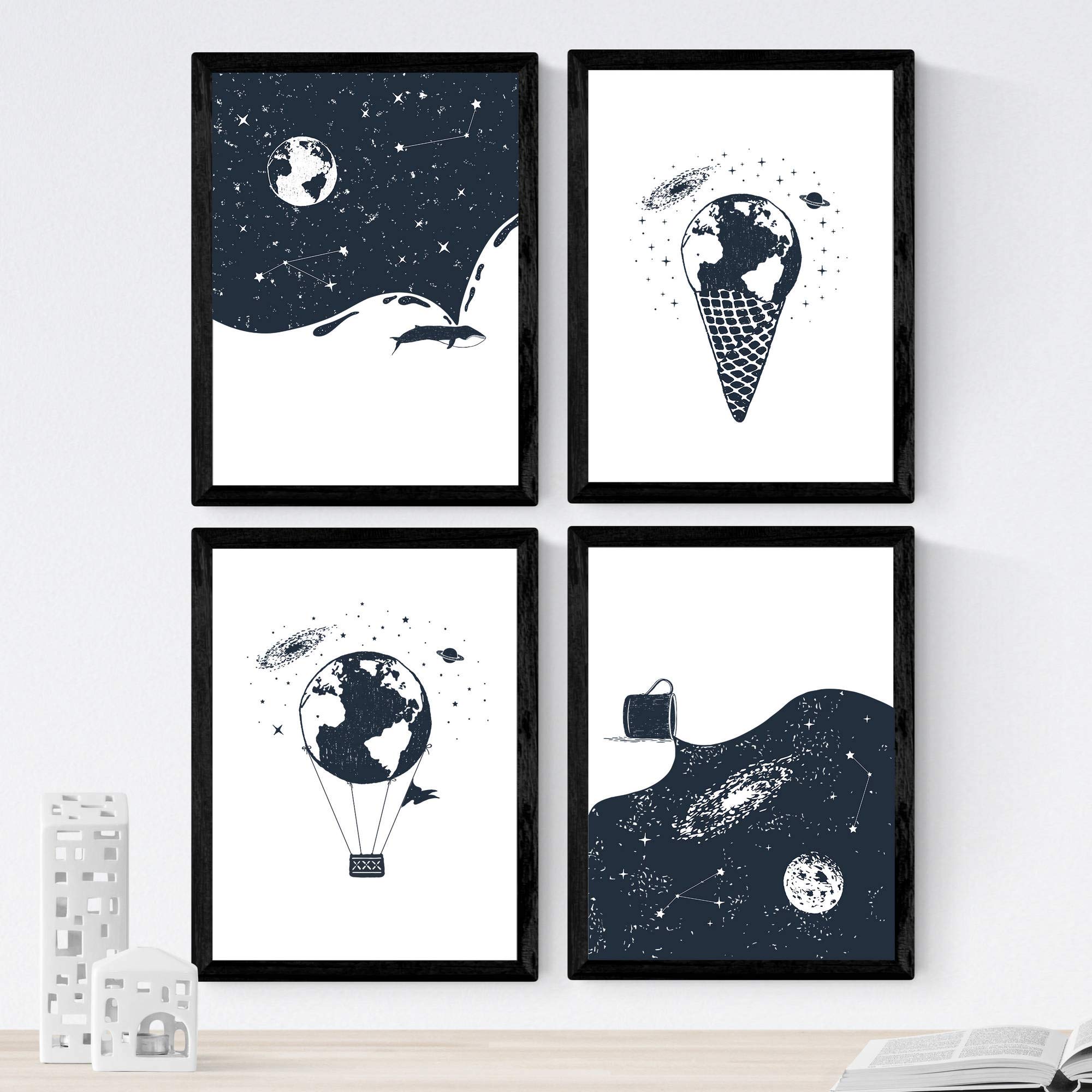 Nacnic Set of 4 prints of Earth and Space. Beautiful nature designs in nordic style. Wall decoration for your home, office or shop. A4, frameless.