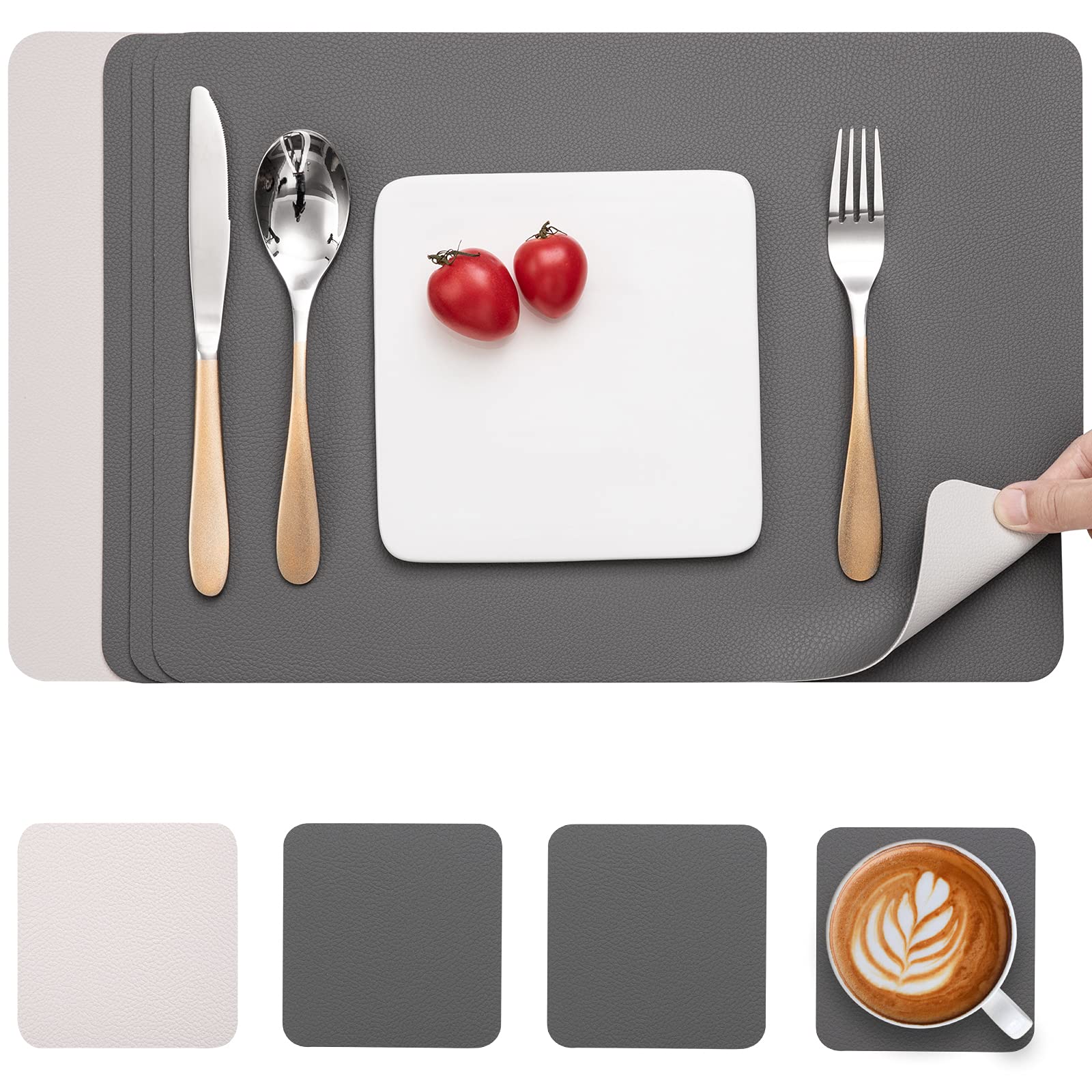 Myir JUN Leather Table Mats and Coasters, Dual-Sided Leather Placemats and Coasters Waterproof Placemats Set of 4 Place Mats Non-Slip Washable Table Mats (Gray White, Set of 4) — image 1