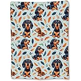 Ti Caldi Adorable Dachshund and Leaf Blanket - Soft Lightweight Cozy Flannel Cute Dog Throw for Adults Kids Women Girls, Warm Fuzzy Blankets for Couch, Bed, Travel, Outdoor, Home Decor 60×50 in