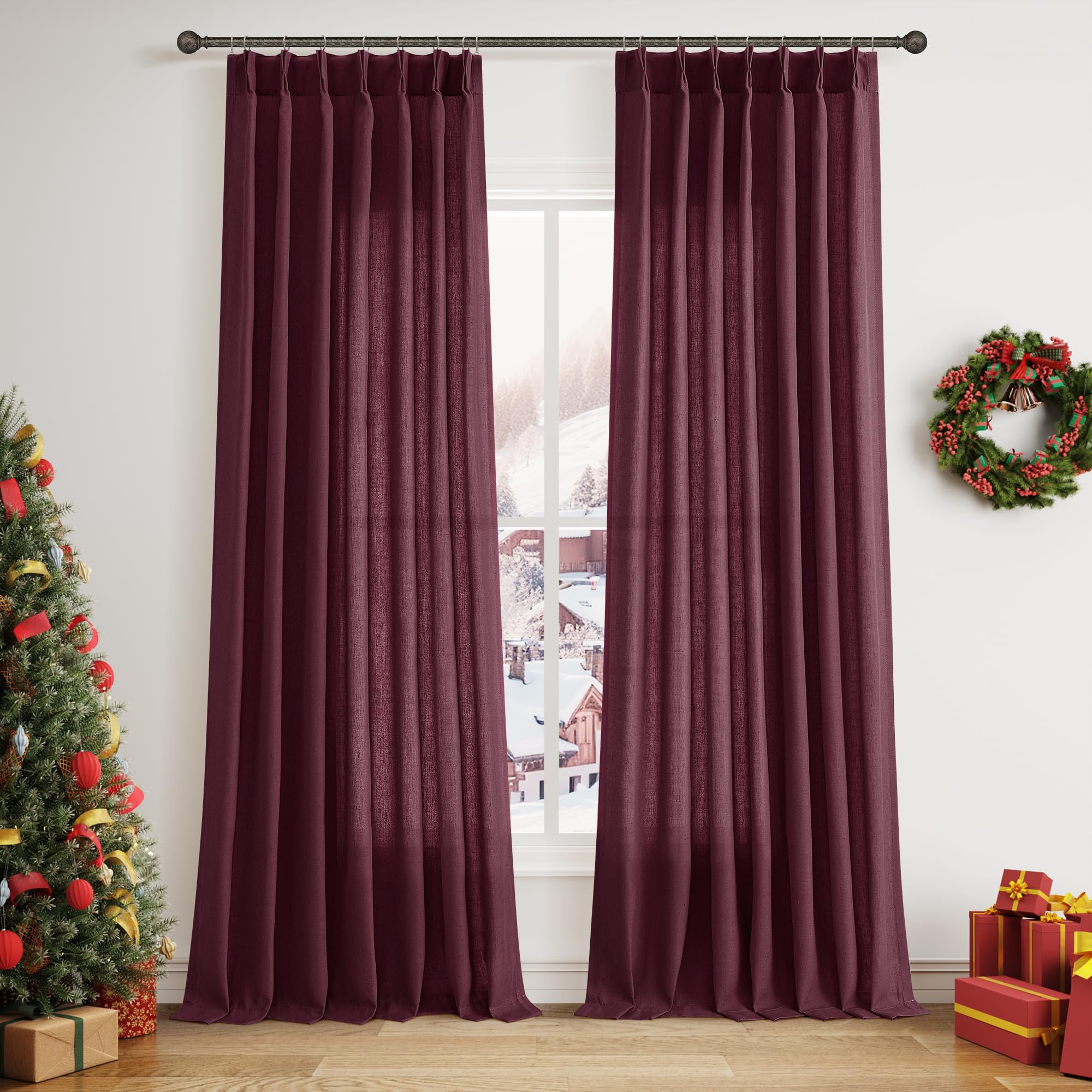 Photo 1 of Aersas Burgundy Pinch Pleated Linen Curtains 90 Inch Length 2 Panels for Living Room Bedroom Semi Sheer Window Curtain Boho Neutral Back Tab Pinch Pleat Drape with Hooks 40x90