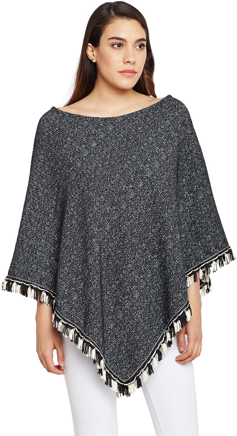Women's Elegant Knitted Shawl Reversible Poncho/Shrug with Fringed Boat Neck Jacquard Pullover Cape Sweater - Black, Free Size