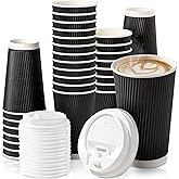Fit Meal Prep 50 Pack 16 oz Black Disposable Coffee Cups with Lids, Corrugated Triple Wall To Go Hot Cups, Insulated Paper Coffee Cups for Hot Beverages, Travel, Home, Office (White Lids)