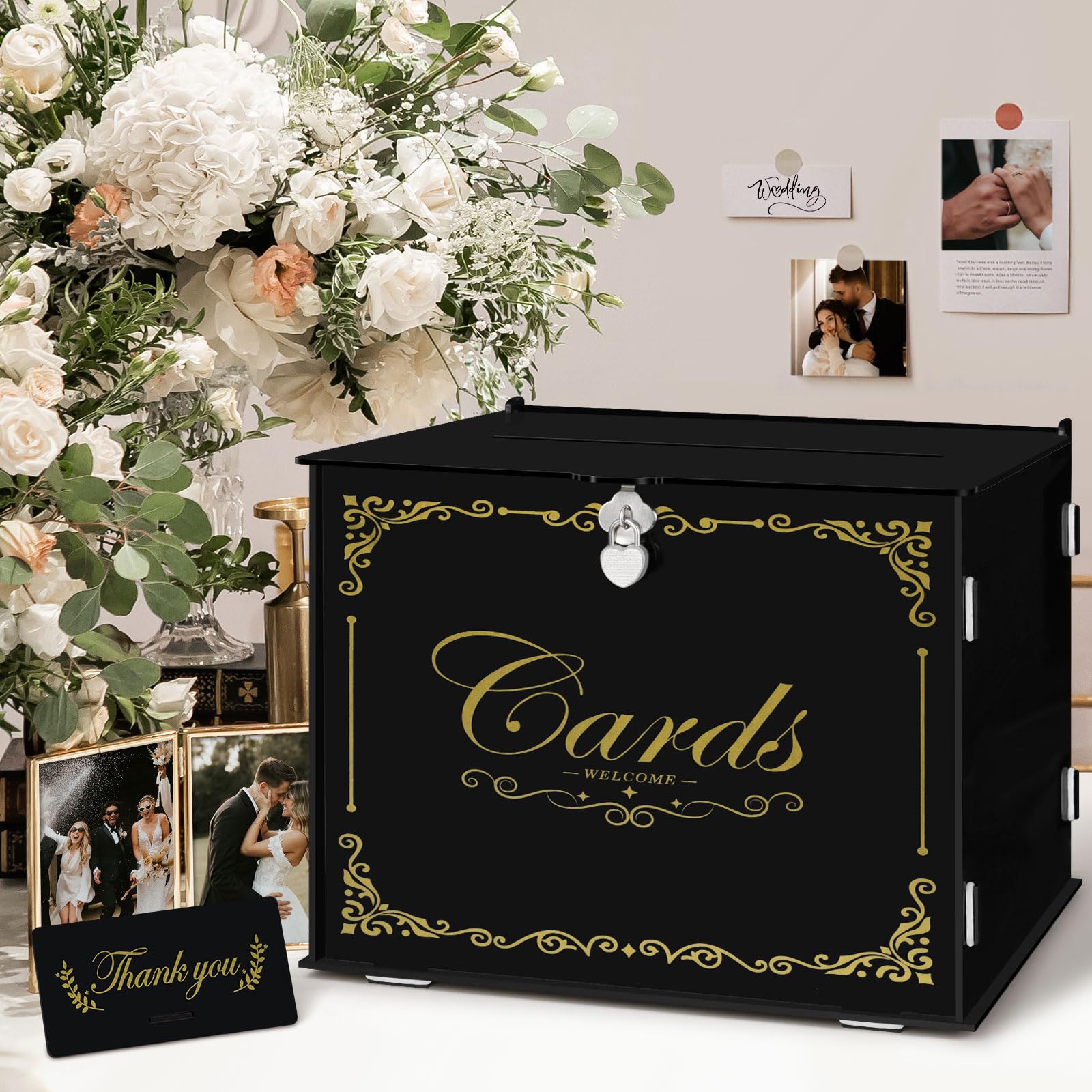 Photo 1 of Ywlake Black Wedding Gift Card Box with Lock and Slot Acrylic Money Cash Post Thanks Card Box Large Letter Envelope Cards Holder Boxes for Reception Anniversary Birthday Party Bridal Baby Shower