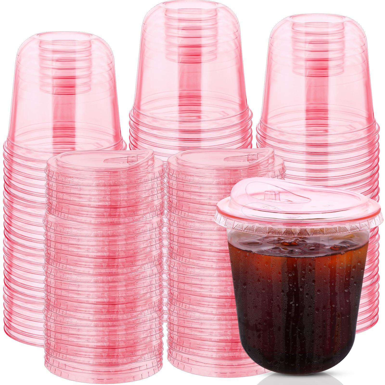 Photo 1 of 100 Sets Disposable Stemless Glasses With Strawless Sip Lids,PET Drinking Cups,Clear Plastic Coffee Cup for Iced Coffee, Smoothie, Cold Beverage, Drink Shop and Christmas Party Supply (Pink, 12 oz)