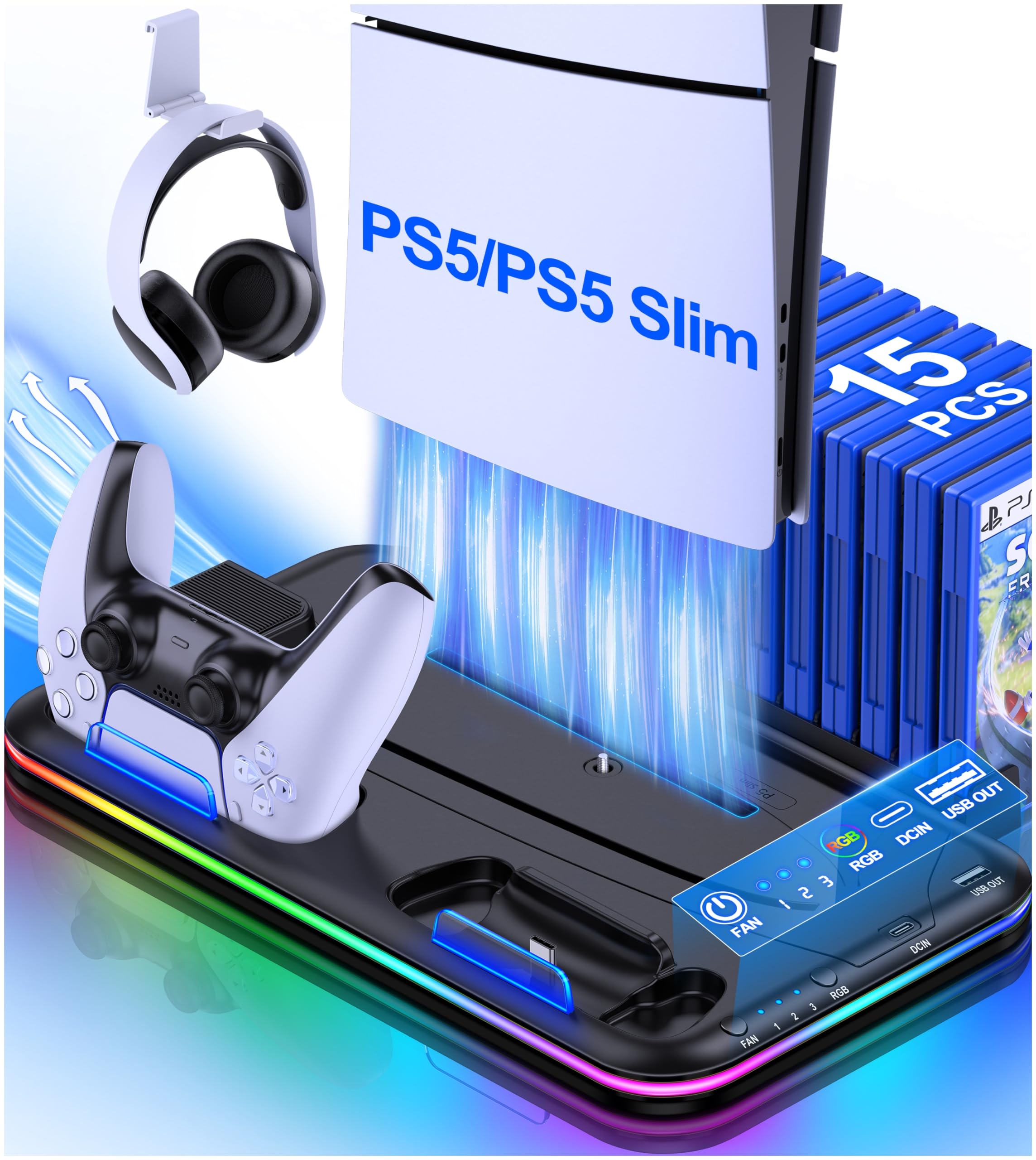 PS 5 Pro Cooling Station with Dual Fast PS 5 Controller Charging Compatiable with PlayStation5 Chargers 5 Slim Digital Disc Edition,Stand Vertical Accessories with Headset Holder 15 Game Slots