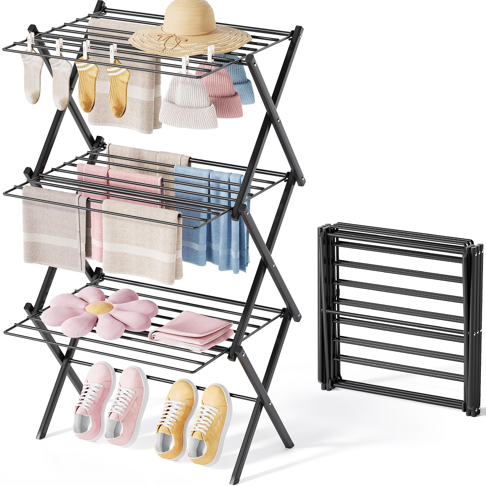 Photo 1 of APEXCHASER Collapsible Clothes Drying Rack - Multi-Level, Foldable Steel Laundry Drying Rack for Spacious, Convenient Drying Experience Black