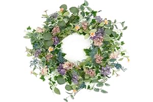 Furisin Spring Summer Wreath 20 Inch Decoration Artificial Purple Hydrangea Flower Wreath for Home Porch Farmhouse Indoor Outdoor Front Door Indoor Wall Window Decor