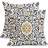 Navy Blue Yellow Boho Pillow Covers 18 X 18 Inch Bohemian Ethnic Carpet Style Vintage Flower Print Decorative Throw Pillows Outdoor Linen Cushion Case Farmhouse Decor for Home Sofa Bed Set of 2
