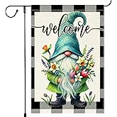 Welcome Spring Summer Gnome Garden Flag Colorful Floral Buffalo Plaid Garden Flags Small Burlap Lawn Seasonal Wildflowers Home Flags Outside Yard 12x18 Inch Double Sided