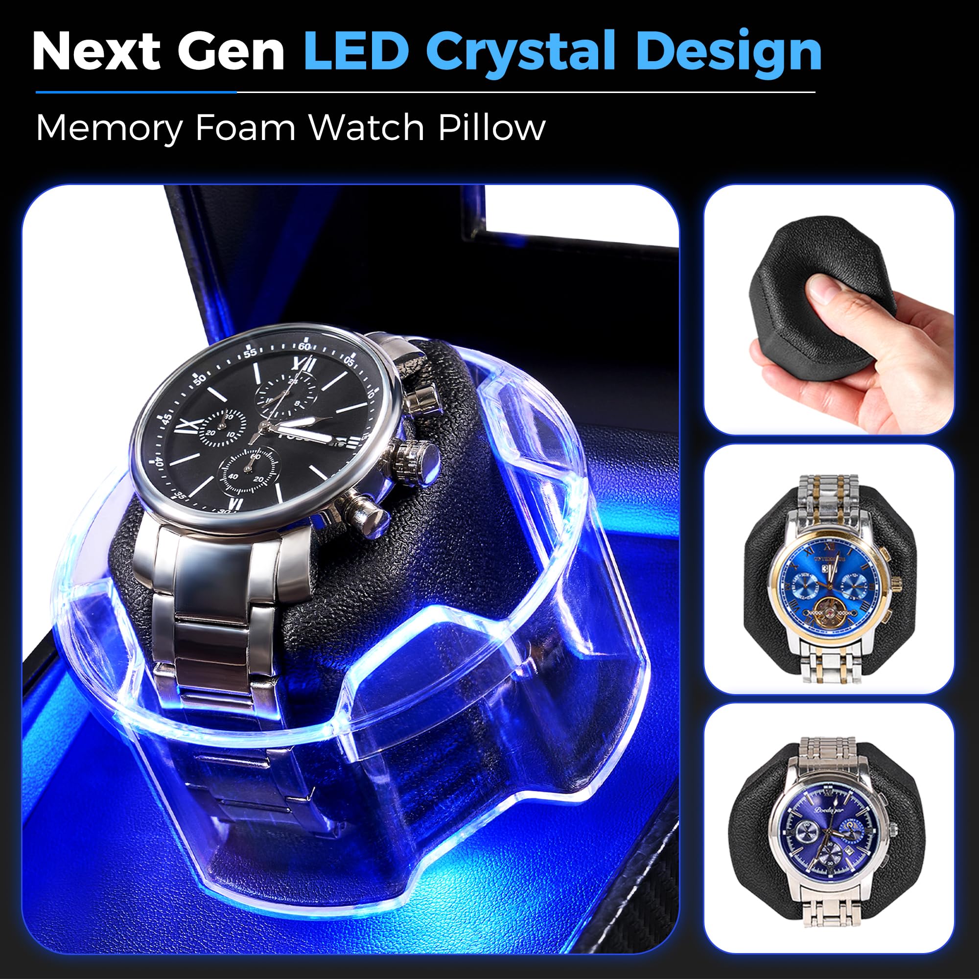 ANWBROAD ANWBROAD Watch Winder for Automatic Watches, 4 Modes Double Automatic Watch Winder box with LED Crystal Design, Rotating Watch Case with Super Quiet Motor with Type-C Adapter
