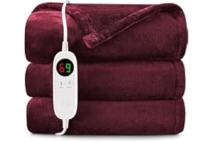 HYLEORY Heated Electric Blanket Throw 50" x 60" Soft Warm Flannel with 6 Heating Levels & 9 Hours Timer Auto Shutt Off, Heating Blanket for Full Body - Red