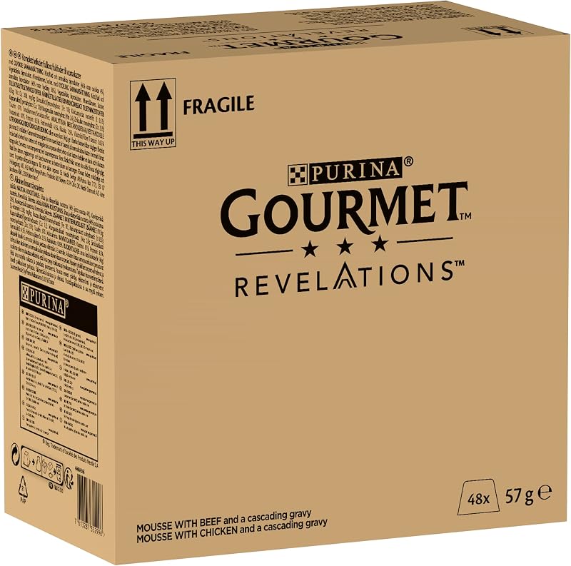 Mousse Gourmet PURINA Gourmet Revelations, ração húmida para gatos em molho, frango e vaca, 48 unidades (48 x 57 g)