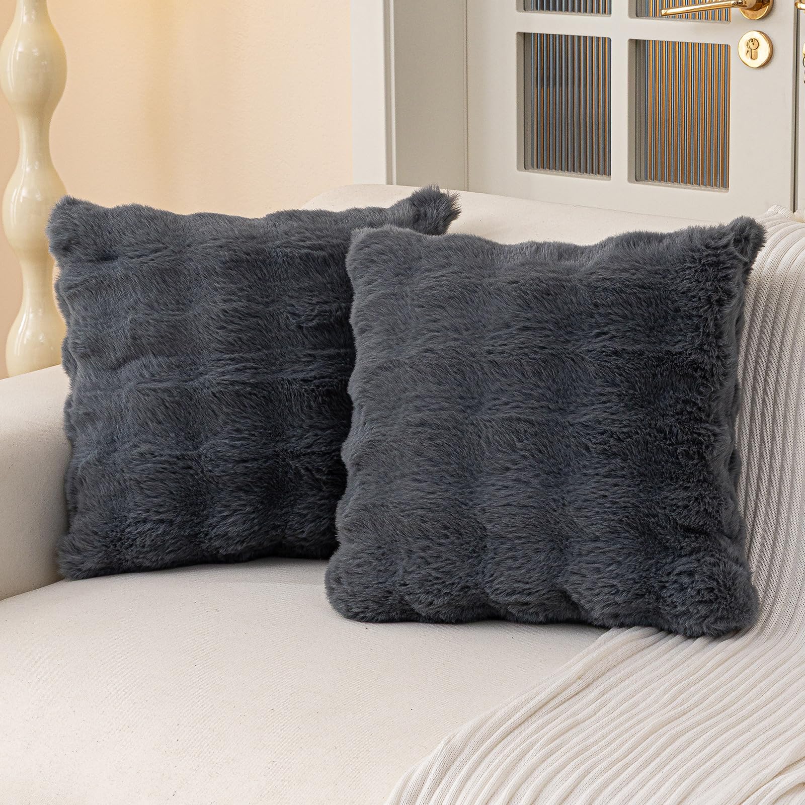 Photo 1 of MDSASFD Faux Fur Throw Pillow Covers(Pack of Two, Dark Grey) 18×18 Inch Decorative Pillows Cover Neutral Soft Chenille Couch Pillows with Zipper Aesthetic for Living Room and Bedroom