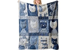 Digital Print Non-Spliced Plush Blanket, Vintage Denim Check Decorative Throw, Abstract Cat Pattern, Soft Flannel for Bed and