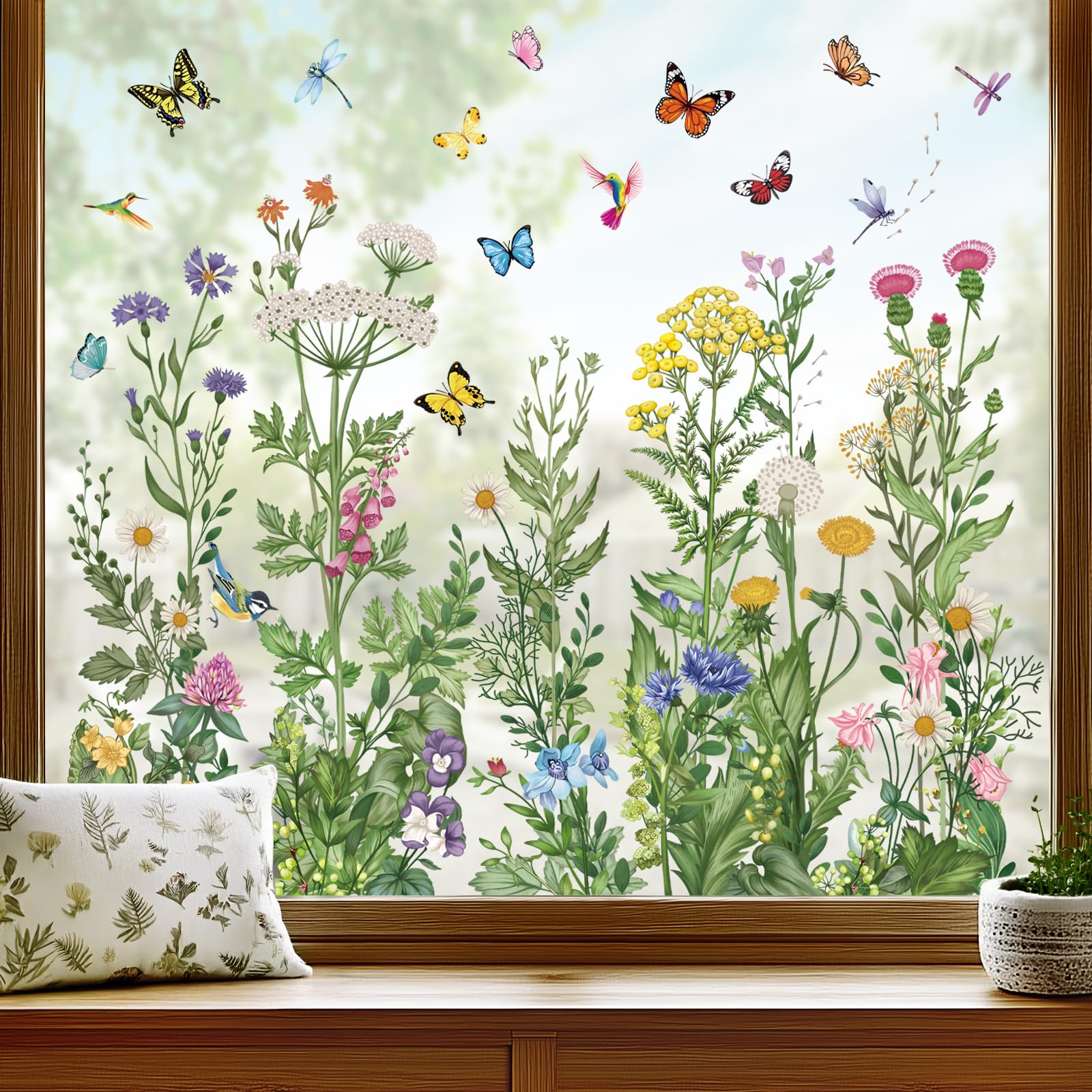 wondever Spring Summer Wild Flowers Window Clings Vintage Wildfloral Butterflies Glass Sticker Decal Anti Collision Double-Side Static Window Stickers for Home Glass Window