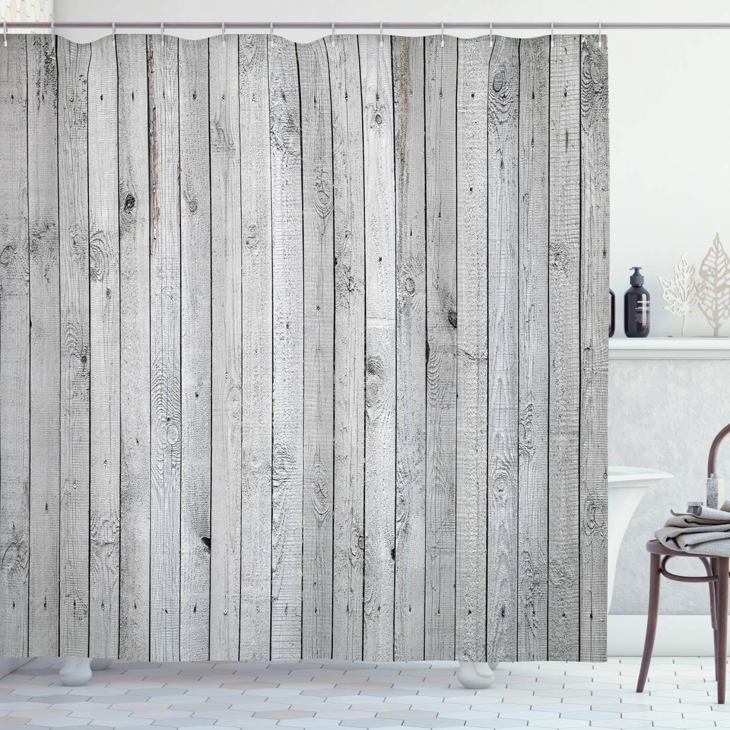 ABAKUHAUS Grey and White Shower Curtain, Vertical Lines Wooden Board Background Black and White Tone Vintage Planks Picture, Cloth Fabric Bathroom Decor Set with Hooks, 86 Inches Extra Long, Grey