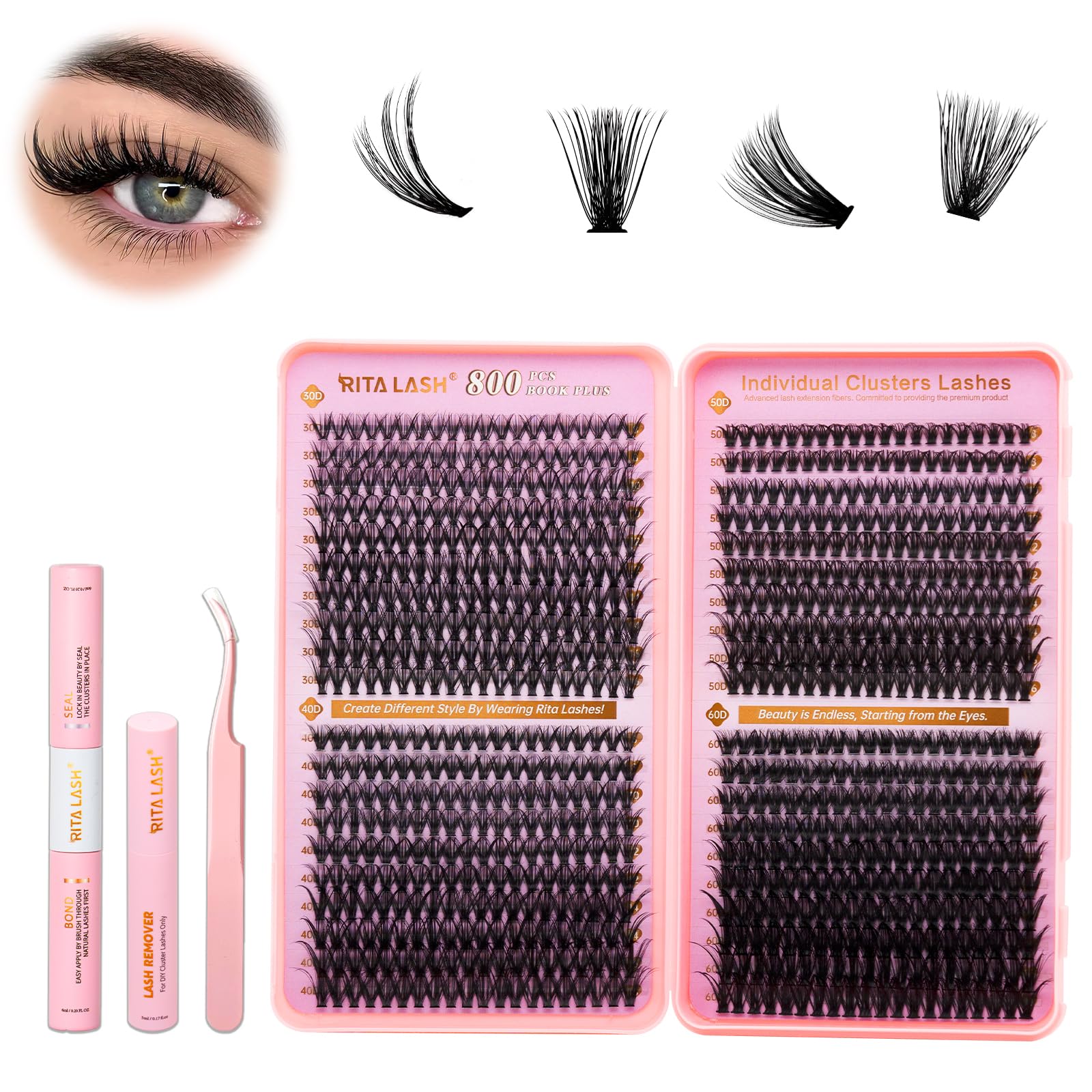 RITALASH DIY Eyelash Extension Kit, 800PCS Cluster Lash Book Set with Bond & Seal, Remover, Tweezers, D-Curl Lashes in 8-16mm (30D+40D+50D+60D Kit) — image 1