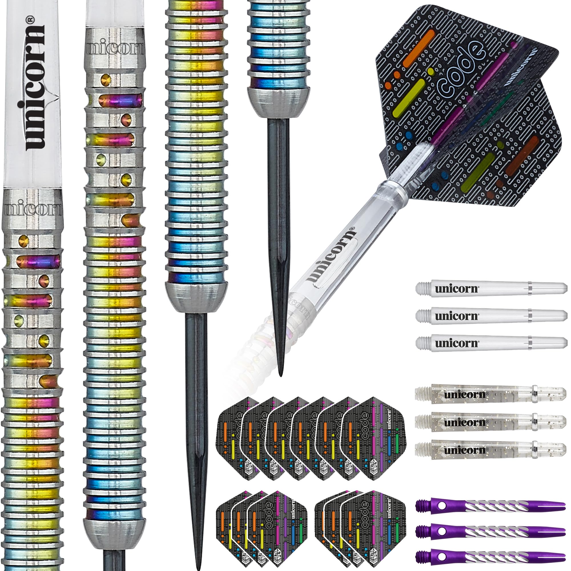 Unicorn Steel Tip Darts Set | Gary 'The Flying Scotsman' Anderson Code Players DNA | 90% Natural Tungsten Barrels with Multicolour Titanium Accents | 21 g